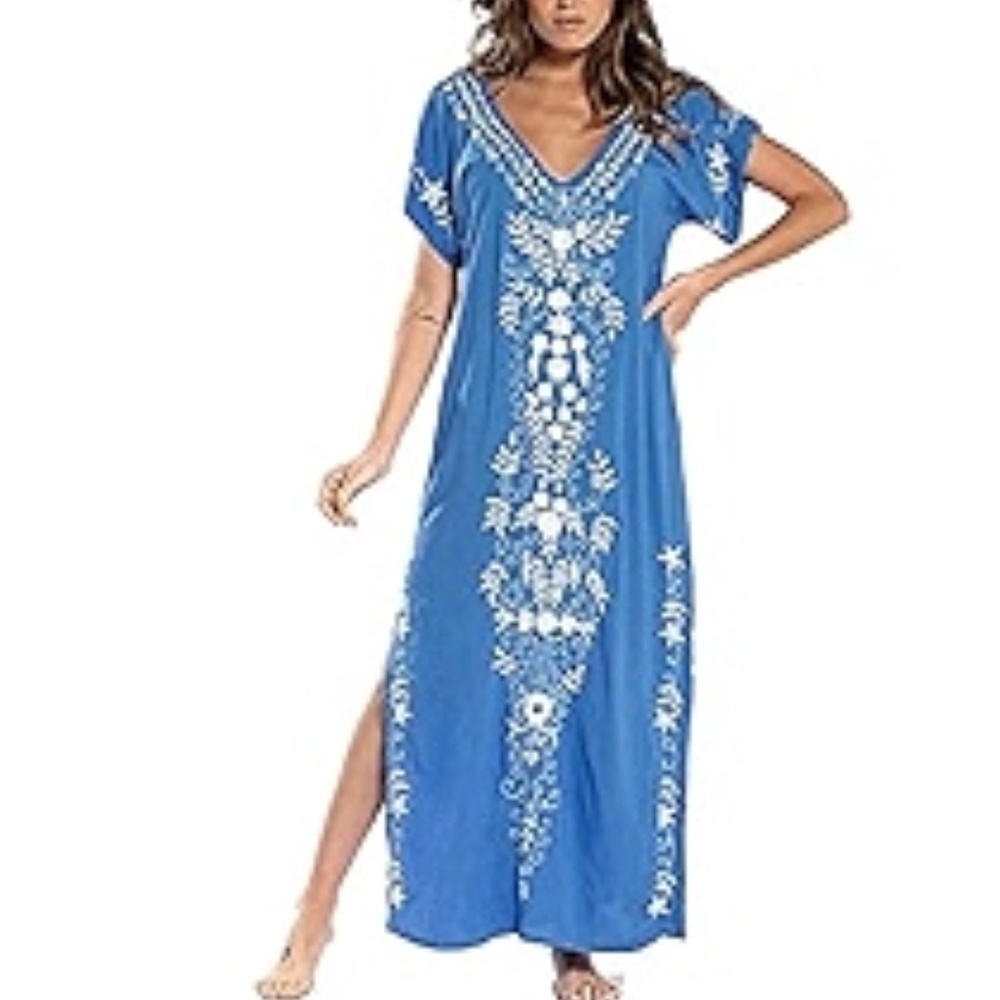 Blue White Embroidered Bohemian Coastal Short Sleeve Maxi Dress One Size
